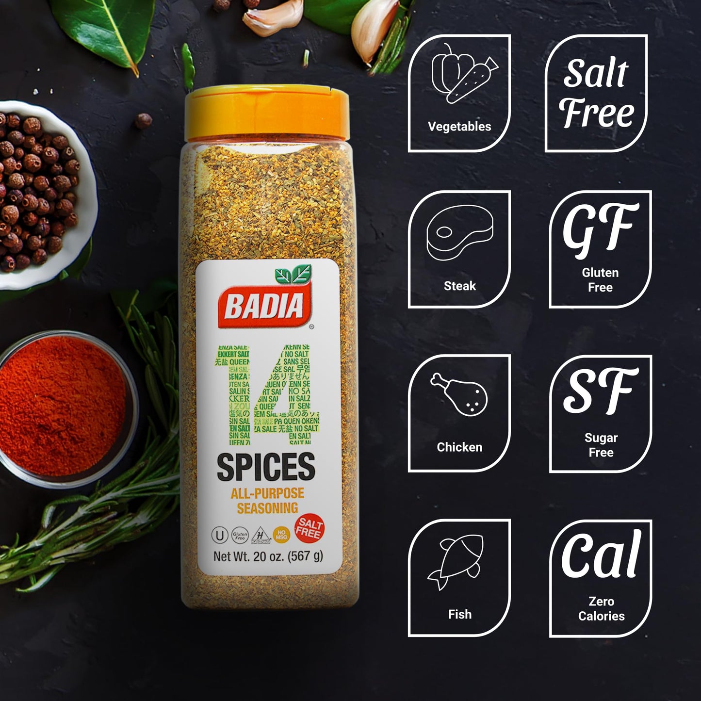 Badia 14 Spices Salt-Free All Purpose Seasoning, 20 oz - Savory Blend of Garlic, Onion, Herbs, Spices & Peppers