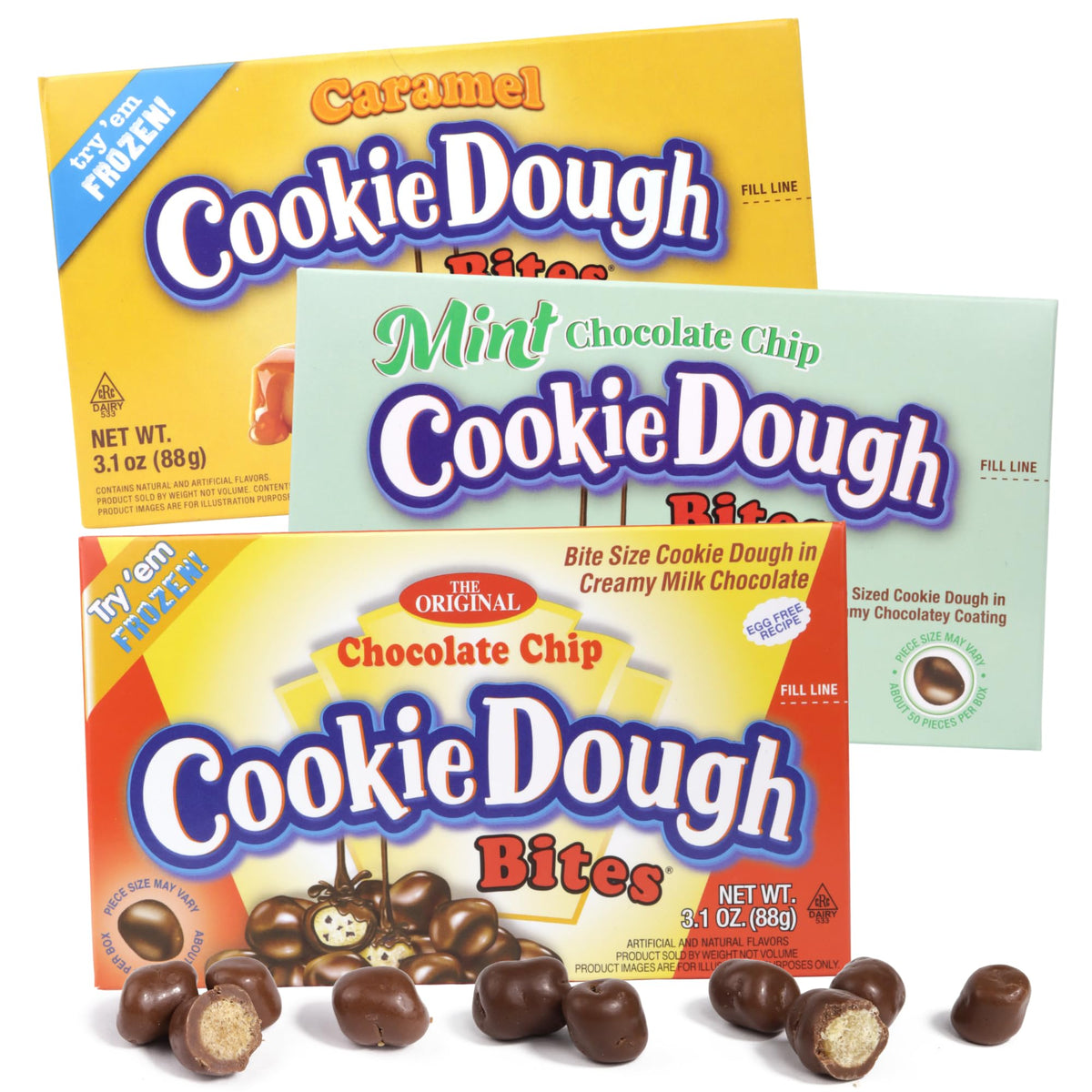Ice Cream Cookie Dough Bites Assortment, Original, Mint Chocolate Chip, and Caramel Flavors, Movie Night Candy, 3.1 Ounces (Pack of 3)