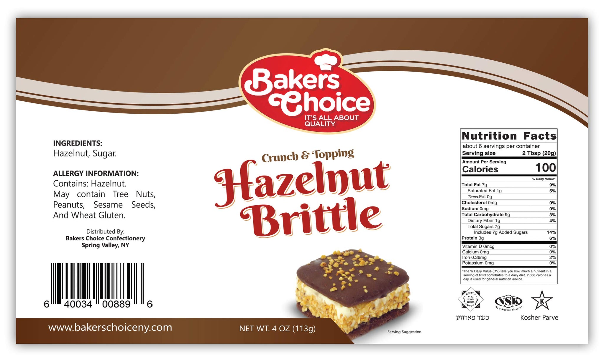 Baker’s Choice Hazelnut Brittle Crunch - Nut Dessert Ice Cream Topping - For Ice Cream, Sundaes, Cupcakes, or Milkshakes - Dairy Free, Kosher - 4 oz.