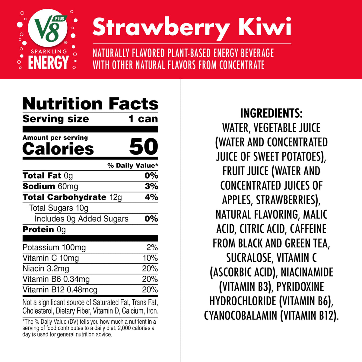 V8 +SPARKLING ENERGY Strawberry Kiwi Energy Drink, Made With Real Vegetable And Fruit Juices, 11.5 FL OZ Can (Pack Of 12)