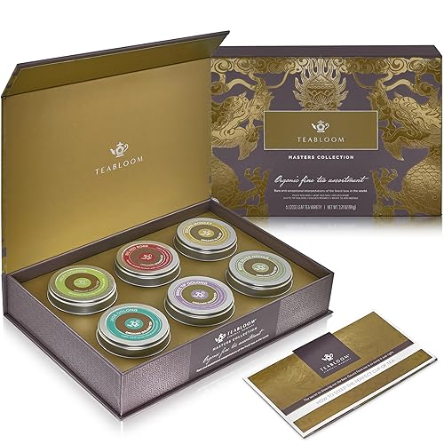 Teabloom Masters Collection - Six Rare Single-Origin Organic Loose Leaf Teas - Milky Oolong, White Silver Needle, Big Red Robe, Golden Monkey, Jade