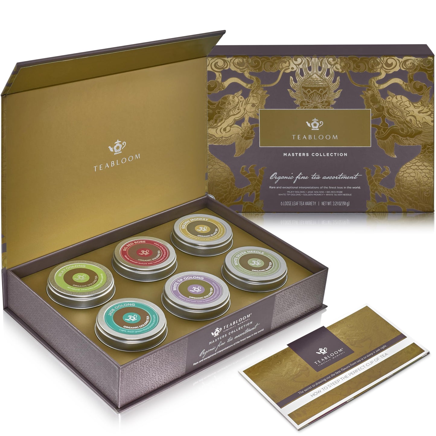 Teabloom Masters Collection - Six Rare Single-Origin Organic Loose Leaf Teas - Milky Oolong, White Silver Needle, Big Red Robe, Golden Monkey, Jade