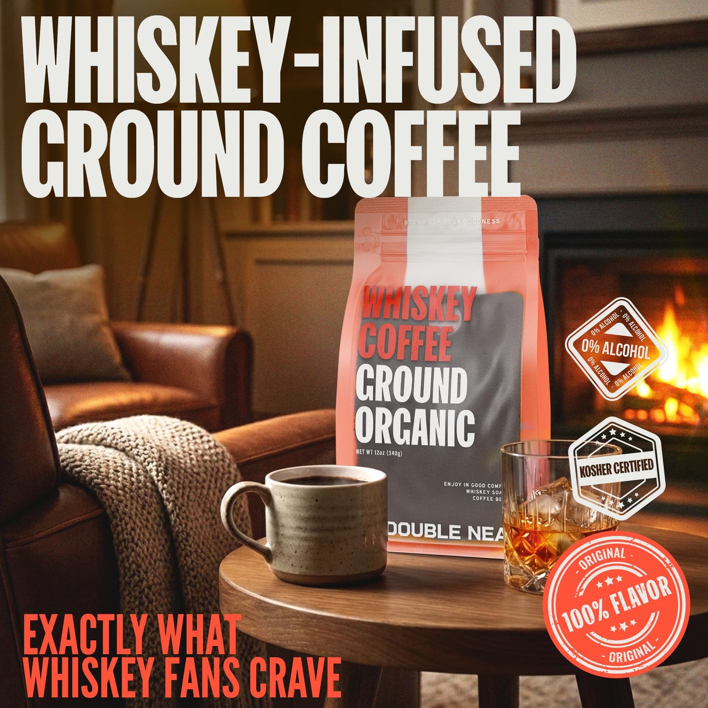 Double Neat Whiskey Coffee Organic - Enough for 30+ Cups - Bourbon Barrel Aged Ground Coffee - Premium Small-Batch Medium Roasted - Cool Coffee Gifts