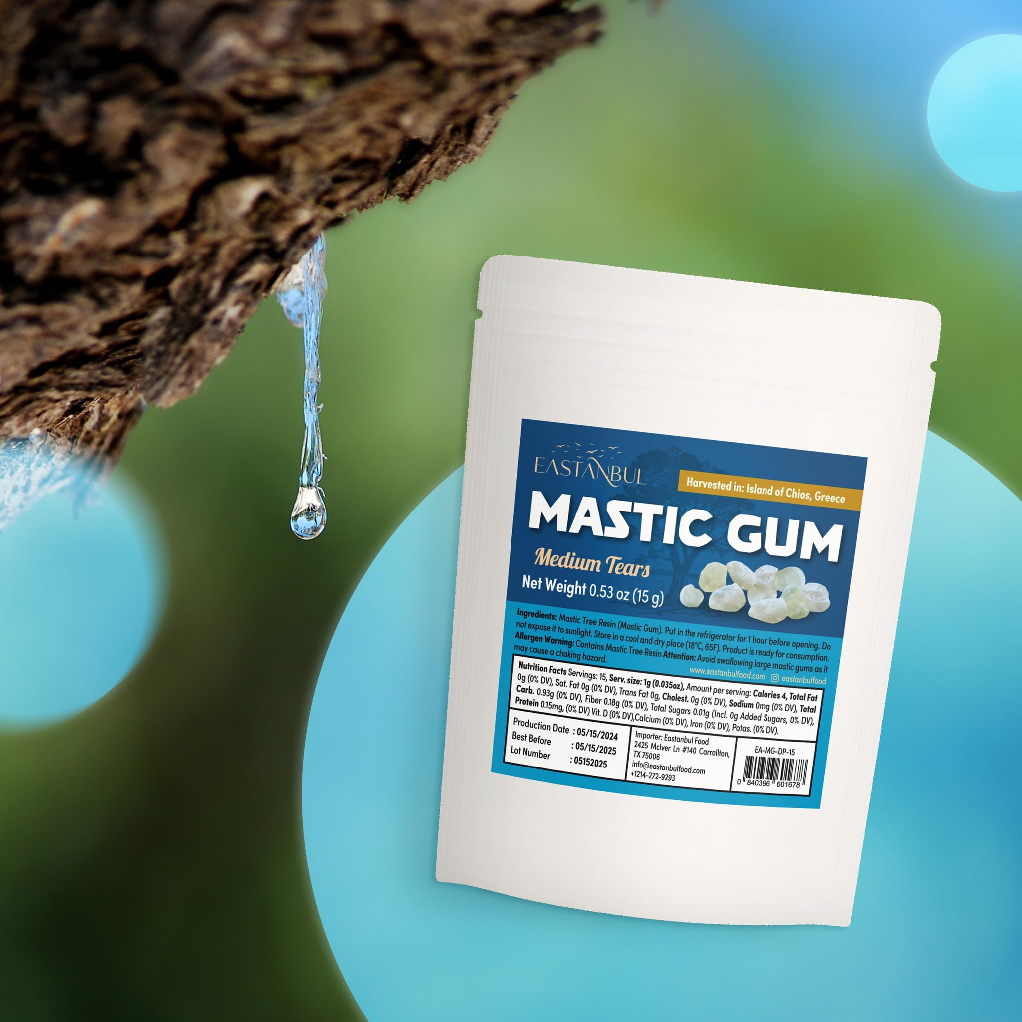 Eastanbul Mastic Gum Chewing Gum, 0.53oz (15g), Mastic Chewing Mewing for Jawline, Natural Tears in Resealable Bag, Medium Sized Natural Tears