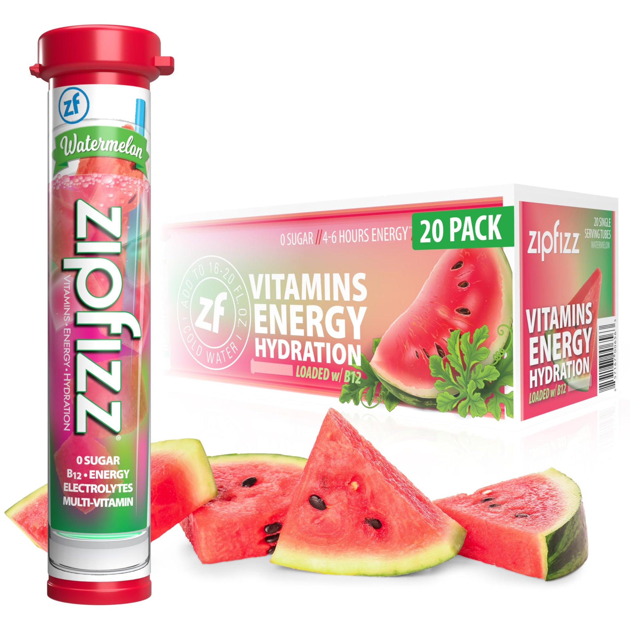 Zipfizz Daily Energy Drink Powder, Watermelon, 20 Pack | 3-in-1 Sustained Energy, Rapid Hydration, and Essential Vitamins | Sugar-Free | Electrolyte