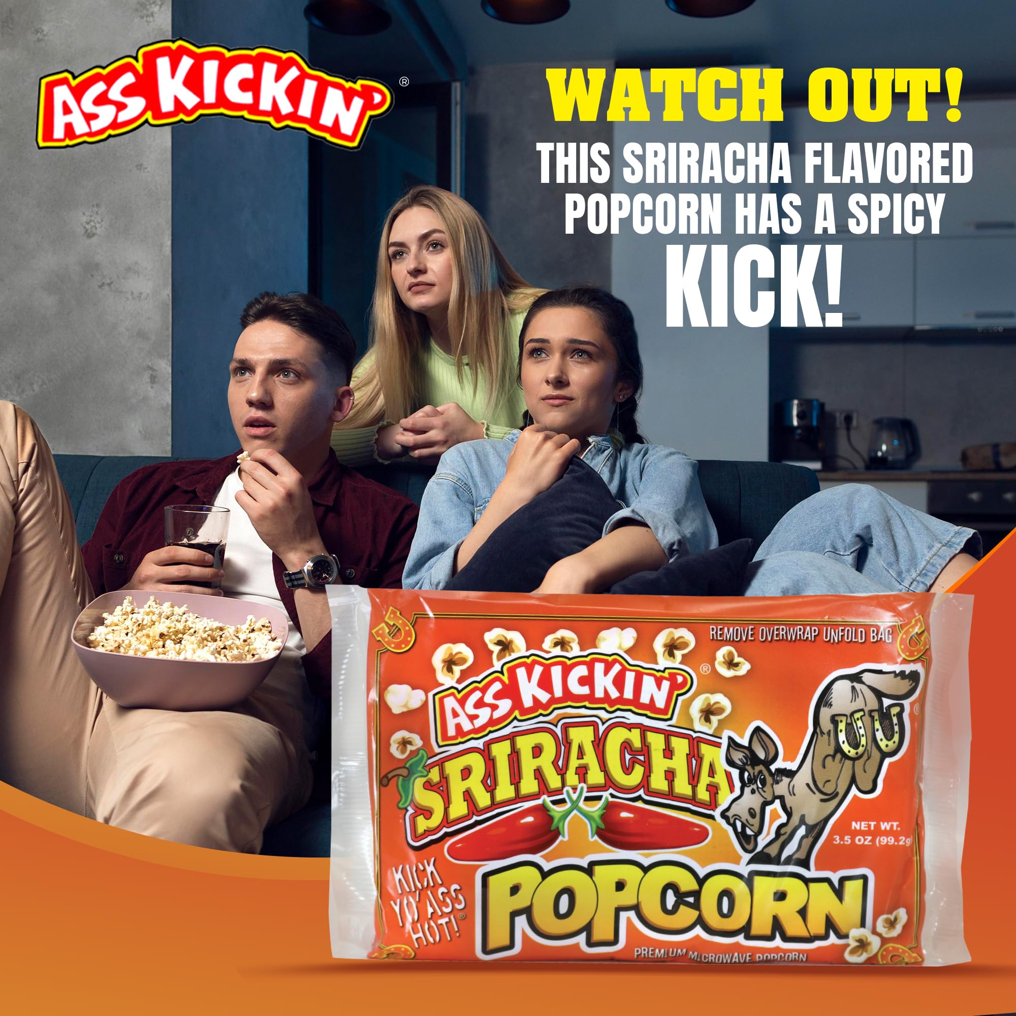 KICKIN' Sriracha Microwave Popcorn Bags - 12 Pack - Ultimate Spicy Popcorn Gourmet Gift - Makes a Great Movie Theater Popcorn or Sriracha Snack Food