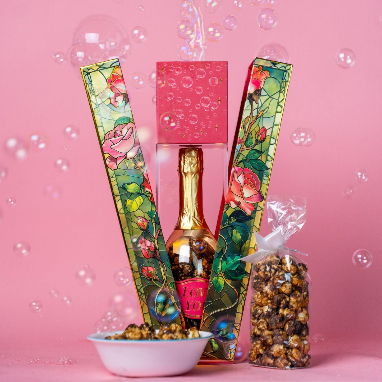 Rose Bubble Box with Caramel White Chocolate Popcorn by Send A Cake, Ready to Gift, No Assembly Required - Happy Birthday Surprise - Unique Birthday