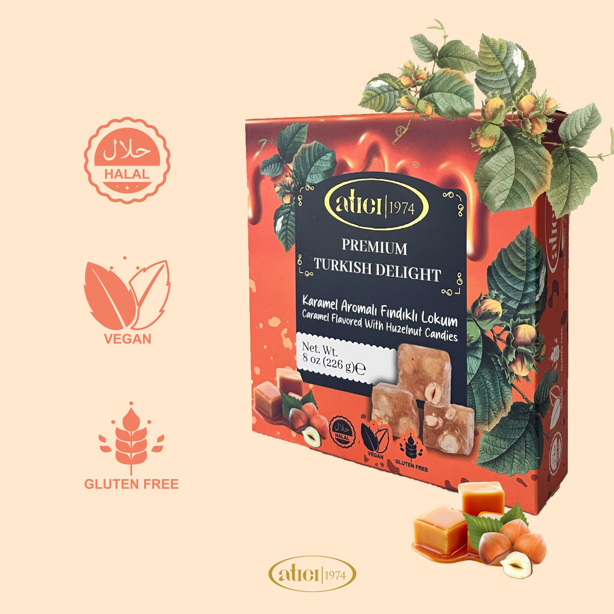 Atici Lokum Authentic Turkish Delight 8oz - Gourmet Vegan Sweets, Gluten-Free, Halal Soft Chewy Candy Gift Box | Traditional Premium Lokum Loukoumi