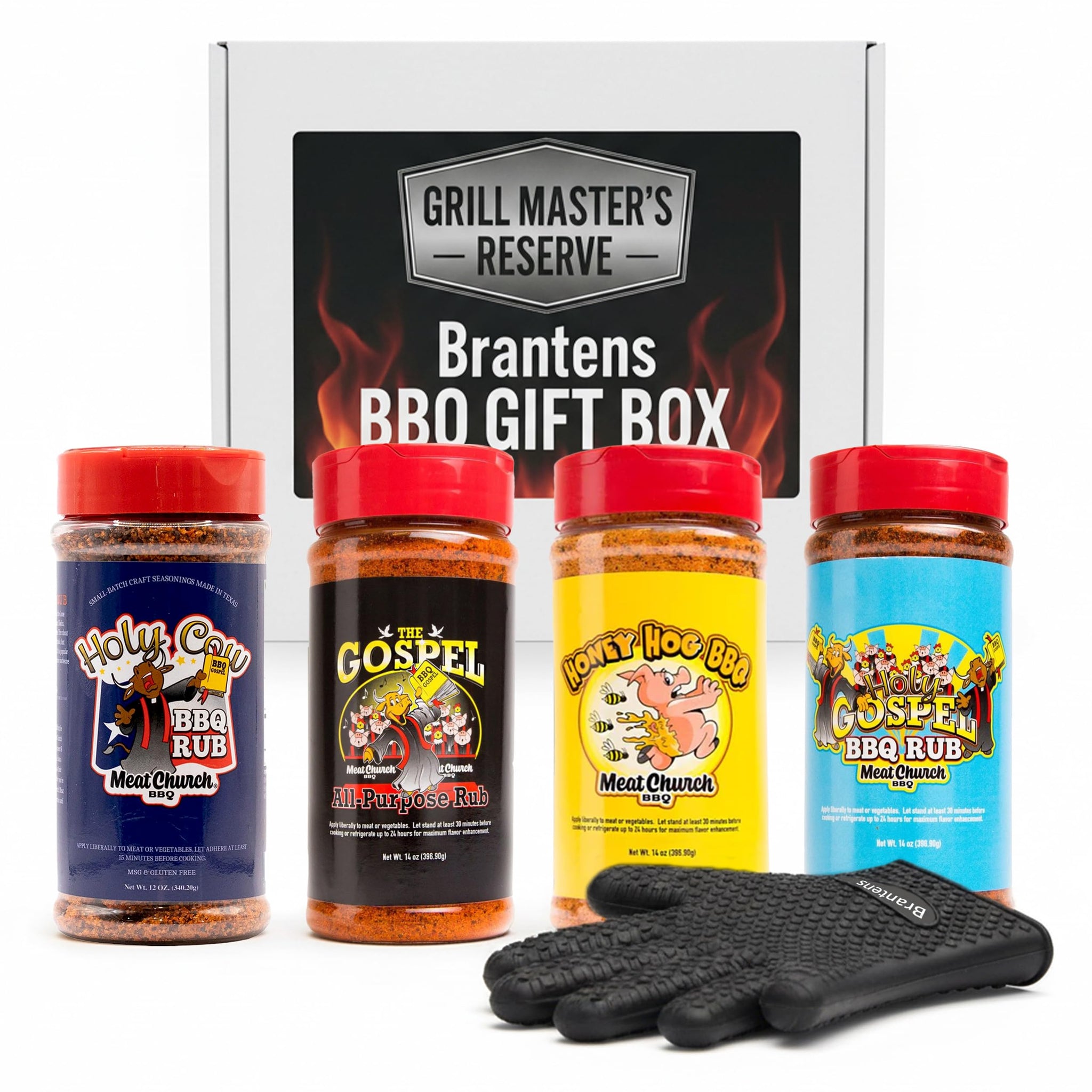Branten's BBQ Rub Gift Box Combo: Four Bottles of Seasoning for Meat and Vegetables, Gluten Free, Total of 49.5 Ounces, with BBQ Silicone Mitt