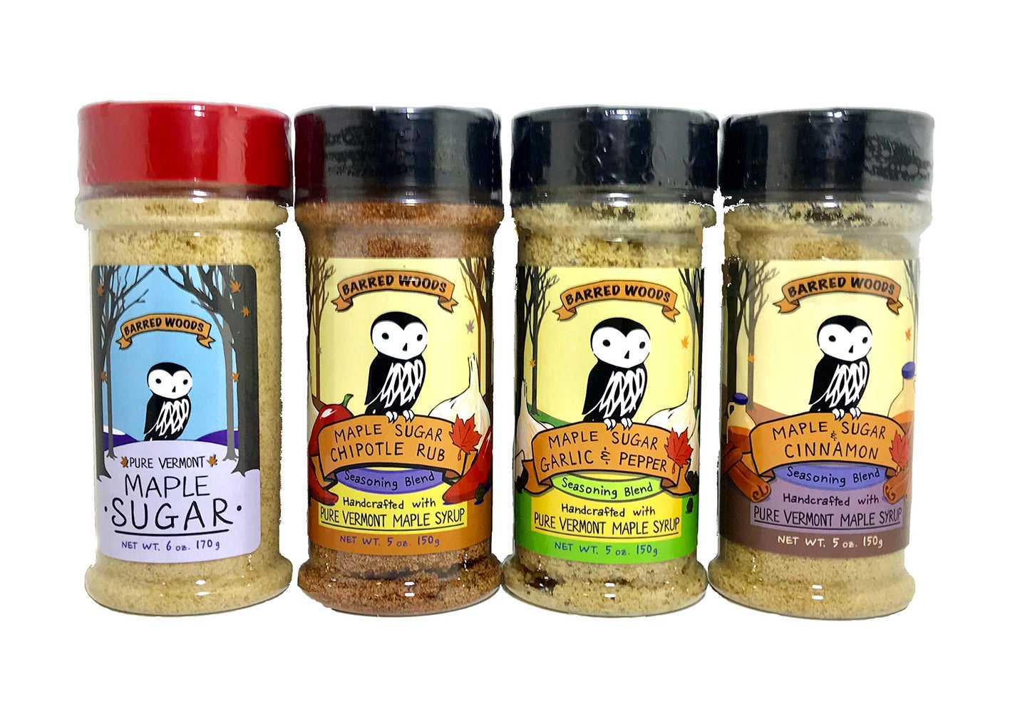 Maple Seasonings - Box of 4 Jars of Pure Maple Sugar and Spices For Cooking, Grilling and Baking - Perfect Vermont Gift - From Barred Woods Maple
