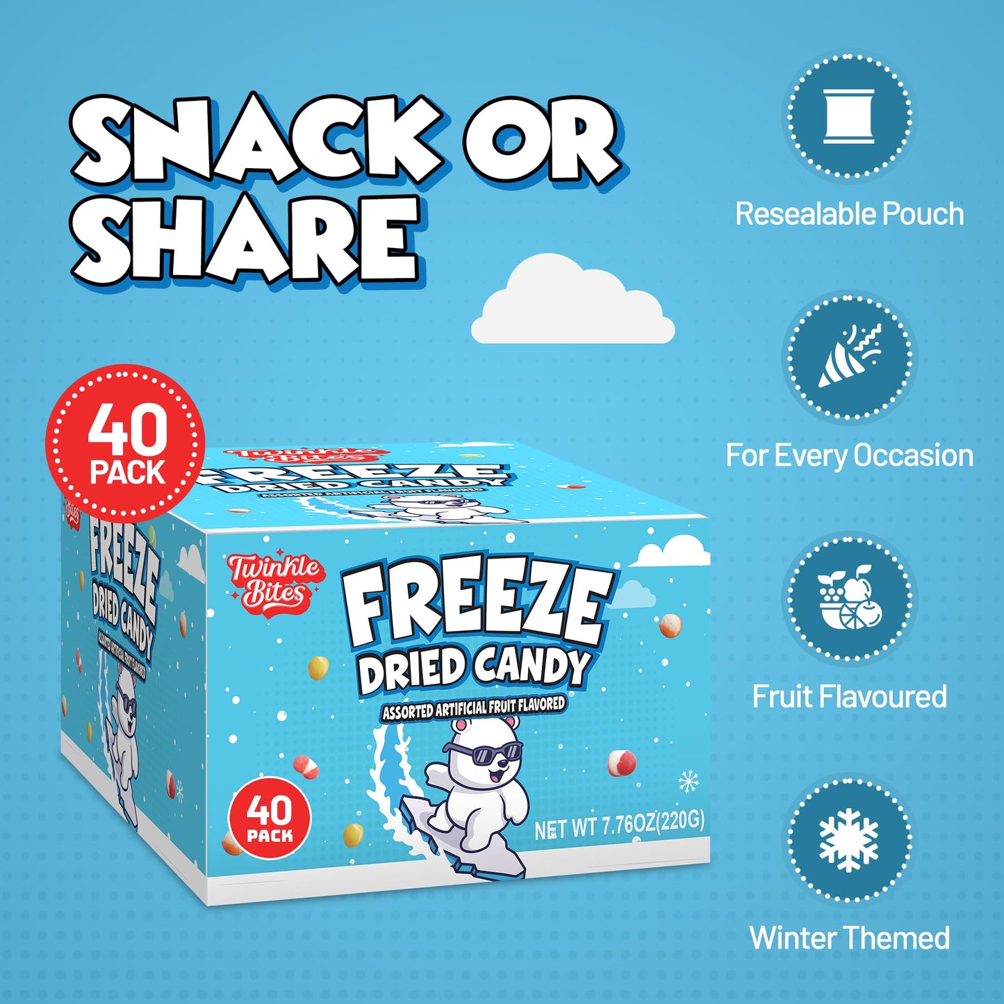40 Pack Freeze Dried Candy- 10 Pcs Per Bag - Bulk Candy - Resealable Bag For, Kids, Adults, School, Party, Birthday, 3 Delicious Flavors