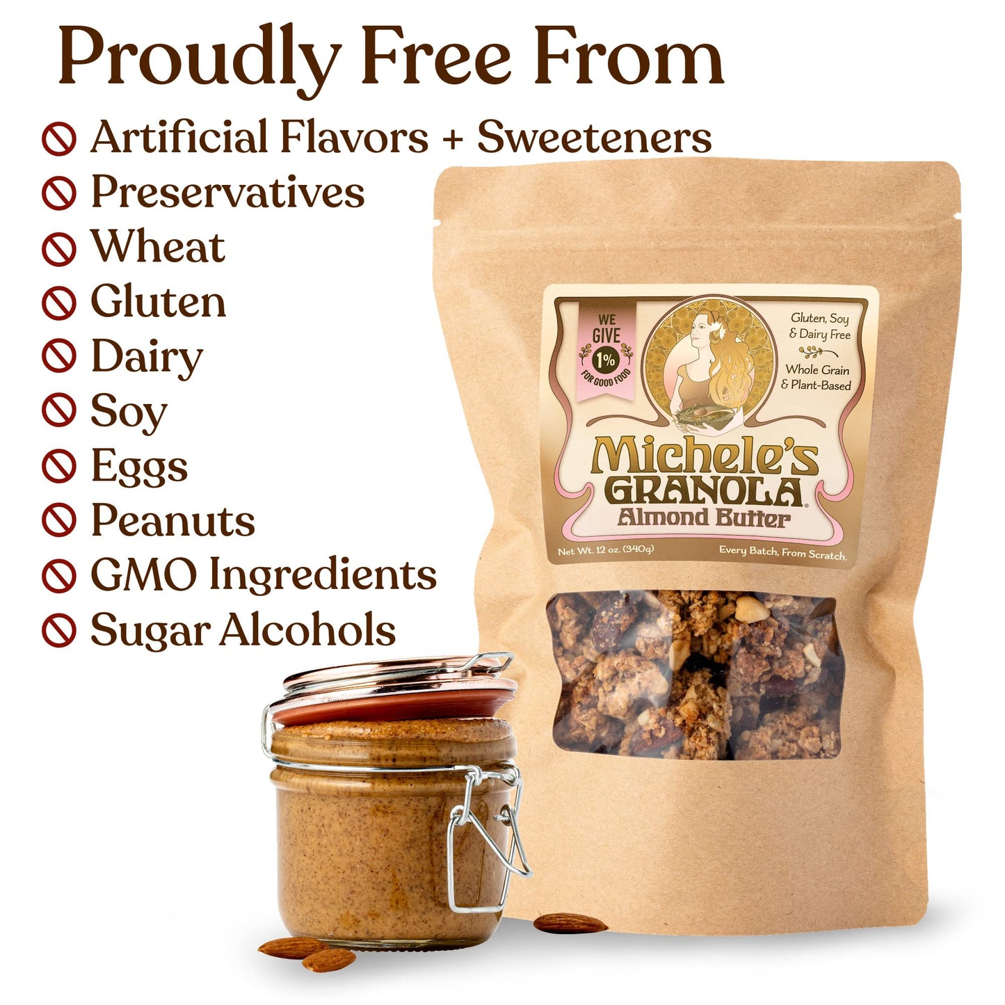 Michele's Granola Almond Butter, Handmade, Whole Grain, Vegan, Gluten-Free & Non-GMO, 12oz Resealable Bags, Pack of 6