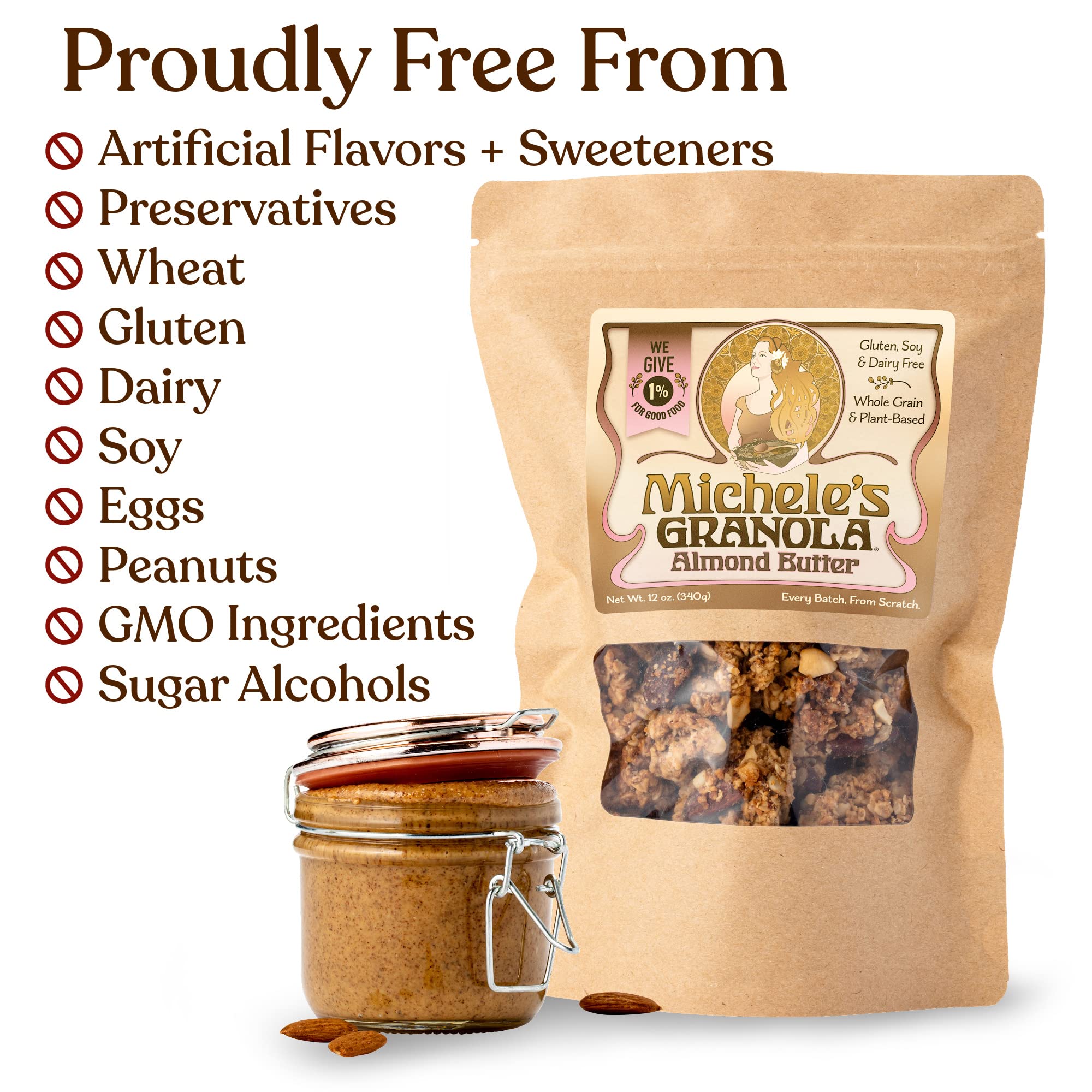 Michele's Granola Almond Butter, Handmade, Whole Grain, Vegan, Gluten-Free & Non-GMO, 12oz Resealable Bags, Pack of 6