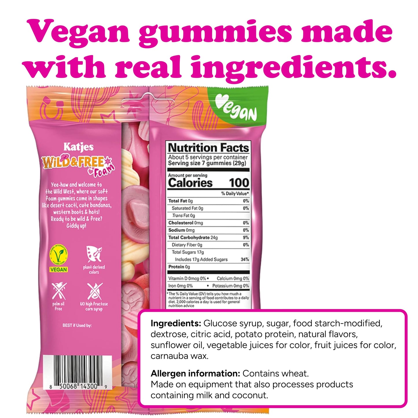 Katjes Wild & Free Foam Fruit Gummy Candy, Wildly Good Sweet Soft & Flavorful Vegan Gummies, Colorful Cowgirl Shapes, No Artificial Dyes or Flavors