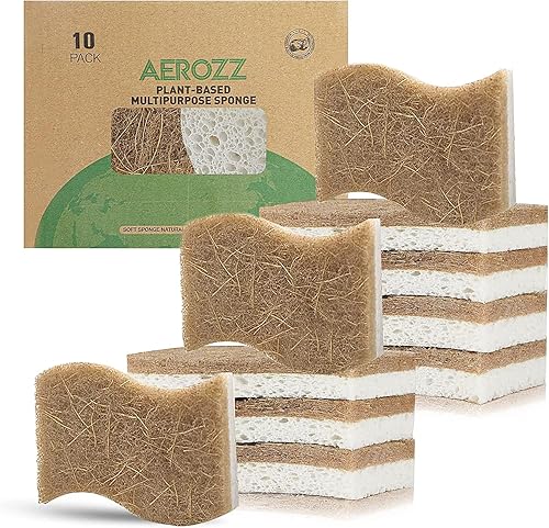 AEROZZ 10 Pack Biodegradable Natural Sponges Kitchen - Compostable Cellulose and Coconut Walnut Scrubber Sponge - Non Scratch Eco Friendly Quick