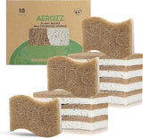 AEROZZ 10 Pack Biodegradable Natural Sponges Kitchen - Compostable Cellulose and Coconut Walnut Scrubber Sponge - Non Scratch Eco Friendly Quick