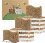 AEROZZ 10 Pack Biodegradable Natural Sponges Kitchen - Compostable Cellulose and Coconut Walnut Scrubber Sponge - Non Scratch Eco Friendly Quick