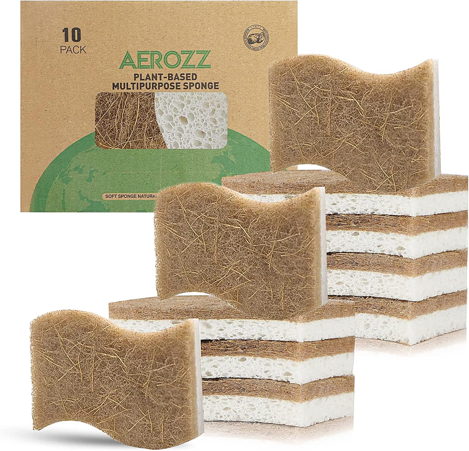 AEROZZ 10 Pack Biodegradable Natural Sponges Kitchen - Compostable Cellulose and Coconut Walnut Scrubber Sponge - Non Scratch Eco Friendly Quick