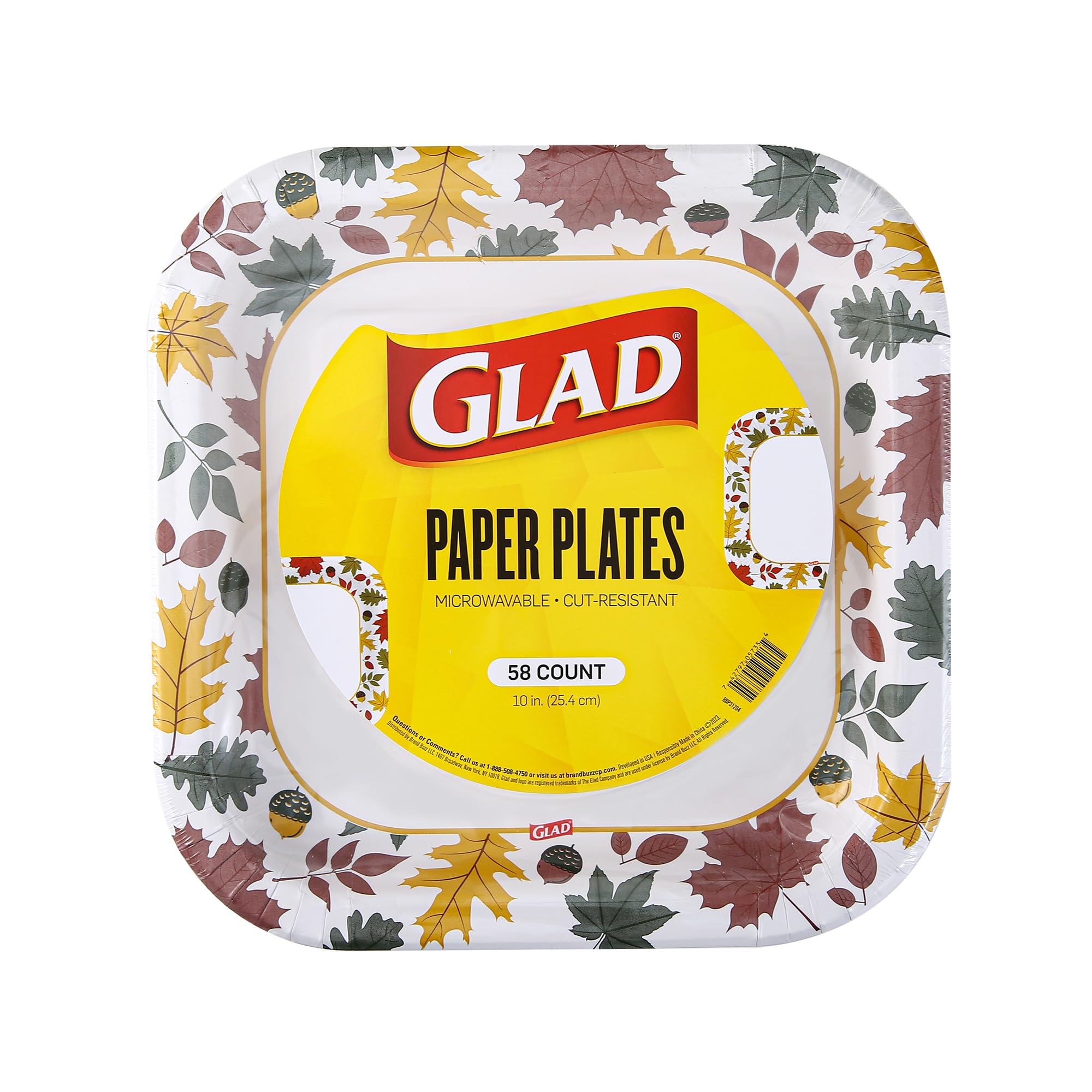 Glad Square Disposable Paper Plates, Falling Foliage Autumn Leaf Pattern - Soak Proof, Microwave Safe, Cut-Resistant Seasonal Dinner Plates for Fall