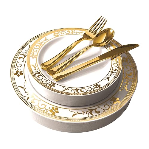 125-Piece White and Gold Floral Fancy Plastic Plates Disposable with Silverware, Elegant Dinnerware for Weddings, Holiday Party China, Set of 25