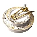 125-Piece White and Gold Floral Fancy Plastic Plates Disposable with Silverware, Elegant Dinnerware for Weddings, Holiday Party China, Set of 25