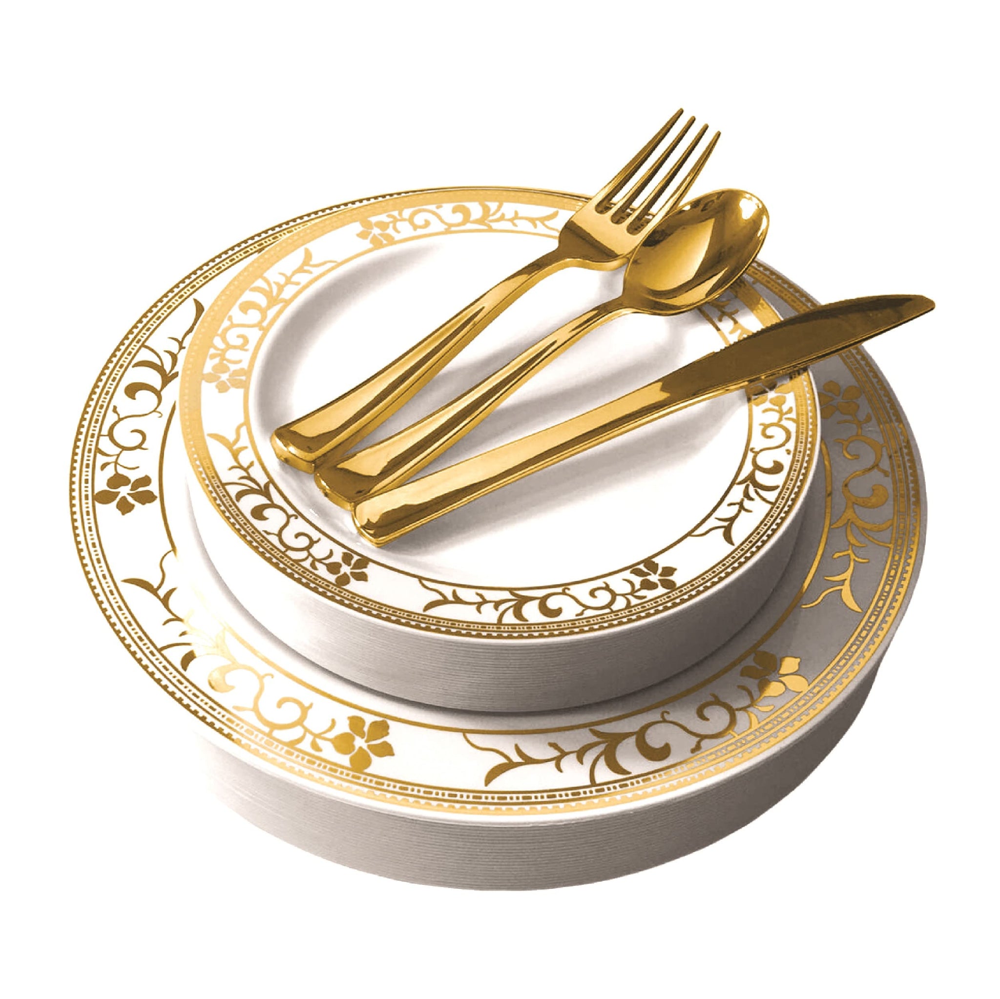 125-Piece White and Gold Floral Fancy Plastic Plates Disposable with Silverware, Elegant Dinnerware for Weddings, Holiday Party China, Set of 25
