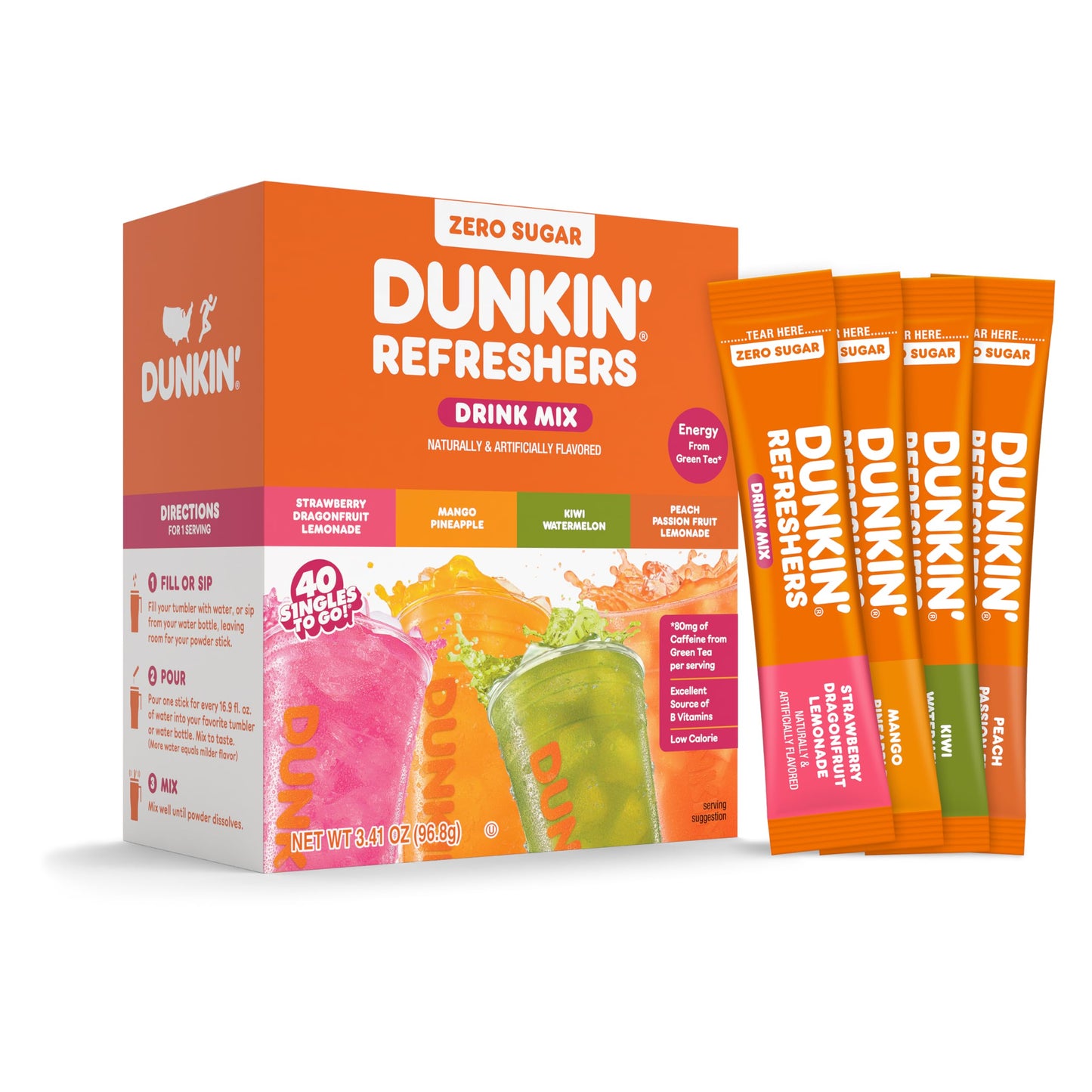 Dunkin’ Zero Sugar Refreshers Singles To Go! Powdered Drink Mix, 40 Ct Variety Pack, Energy from Green Tea, Aspartame-Free, Just Add Water