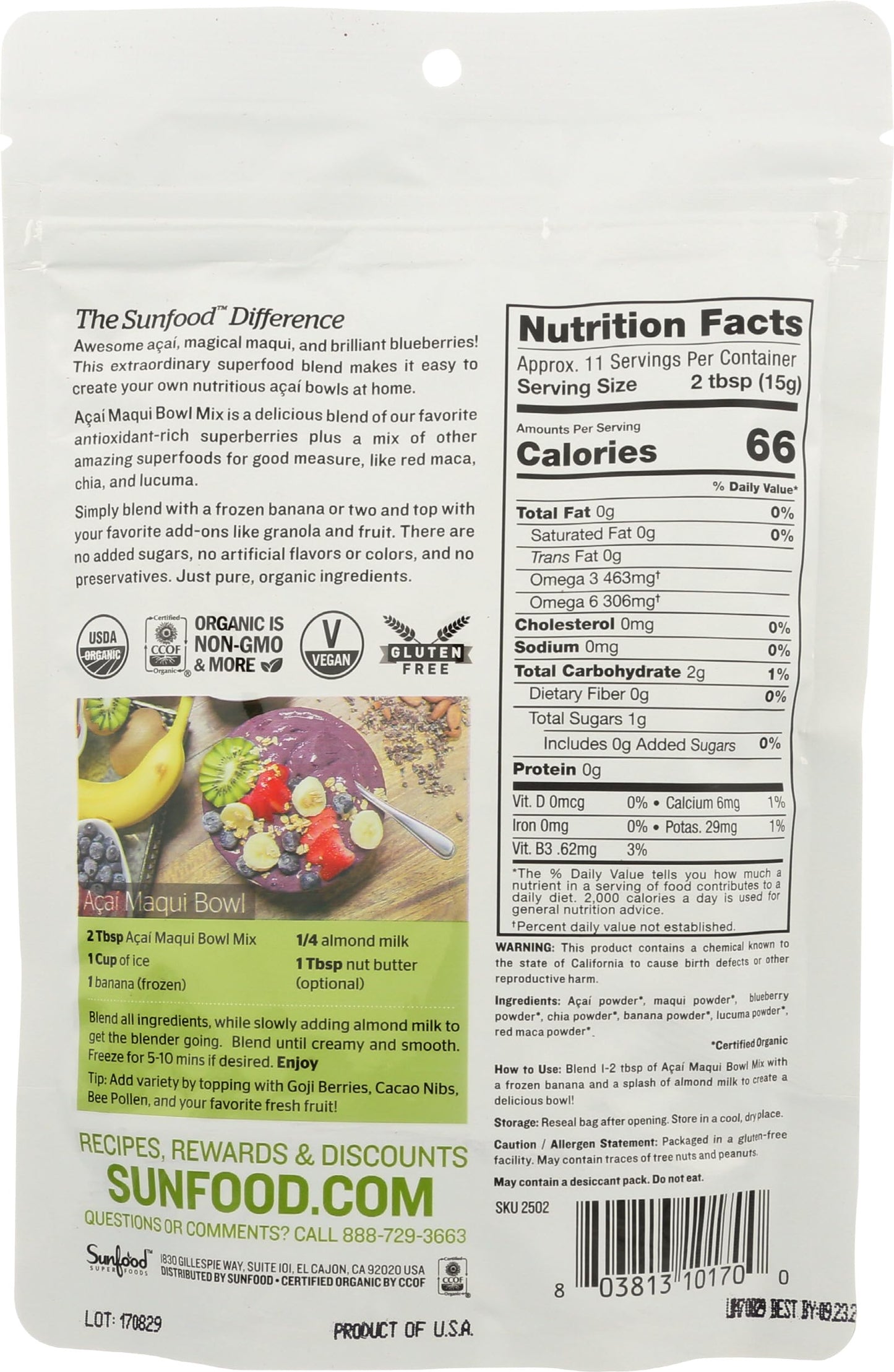Sunfood Superfoods Organic Acai Maqui Bowl Mix - Dried Acai Berry Powder for Smoothie Bowls & Drinks, Fruit Source of Antioxidants, Gluten Free, USDA