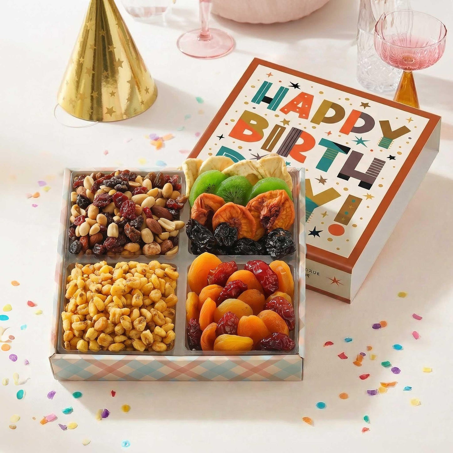 Broadway Basketeers Happy Birthday Dried Fruit and Nuts Gift Basket - Gourmet Dried Fruits And Nuts Snack Assortment - Happy Birthday Gift Basket