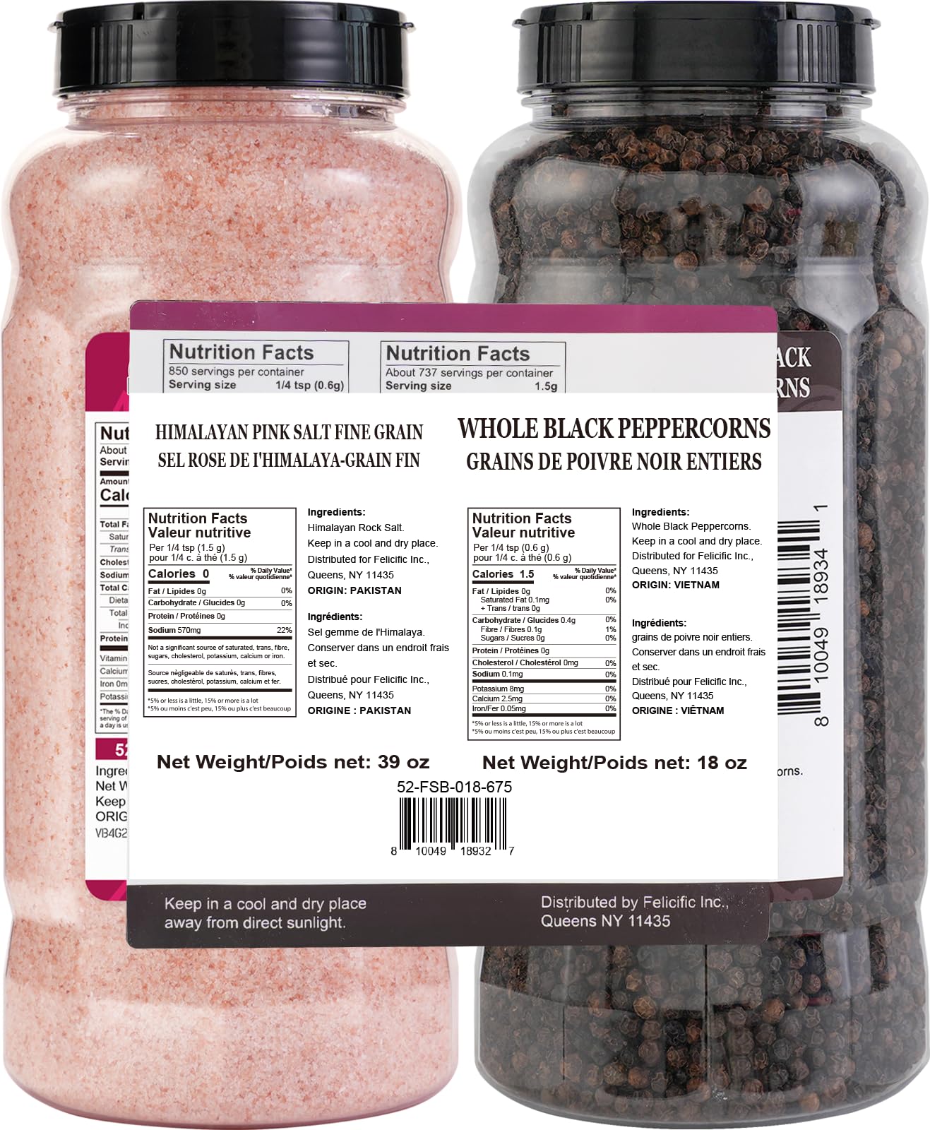 52USA Whole Black Peppercorns 18 oz + Himalayan Pink Salt (Fine Grain) 39 oz, Salt and Pepper Grinder, Black Peppercorn Refil, Kosher, Pink Himalayan