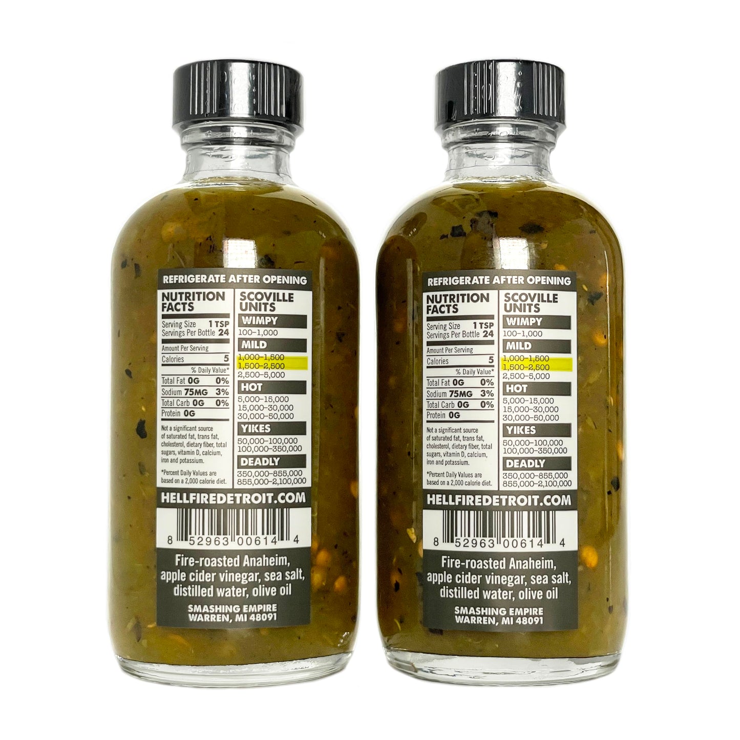 Hell Fire Detroit Anaheim Hot Sauce (Mild), Crafted with Fresh, Fire-Roasted Anaheim Chile Peppers, All-Natural, Vegan, Gluten-Free, Low Sodium - 4 Fl