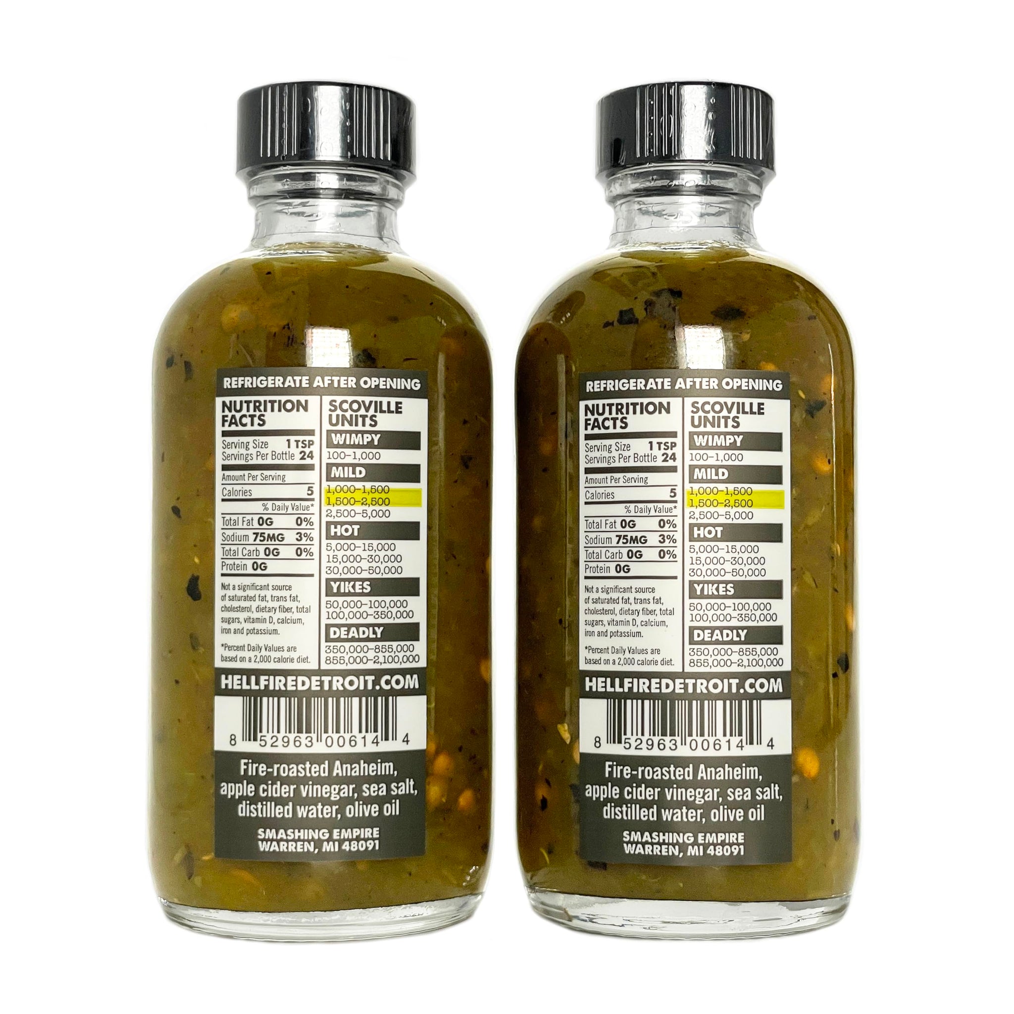 Hell Fire Detroit Anaheim Hot Sauce (Mild), Crafted with Fresh, Fire-Roasted Anaheim Chile Peppers, All-Natural, Vegan, Gluten-Free, Low Sodium - 4 Fl