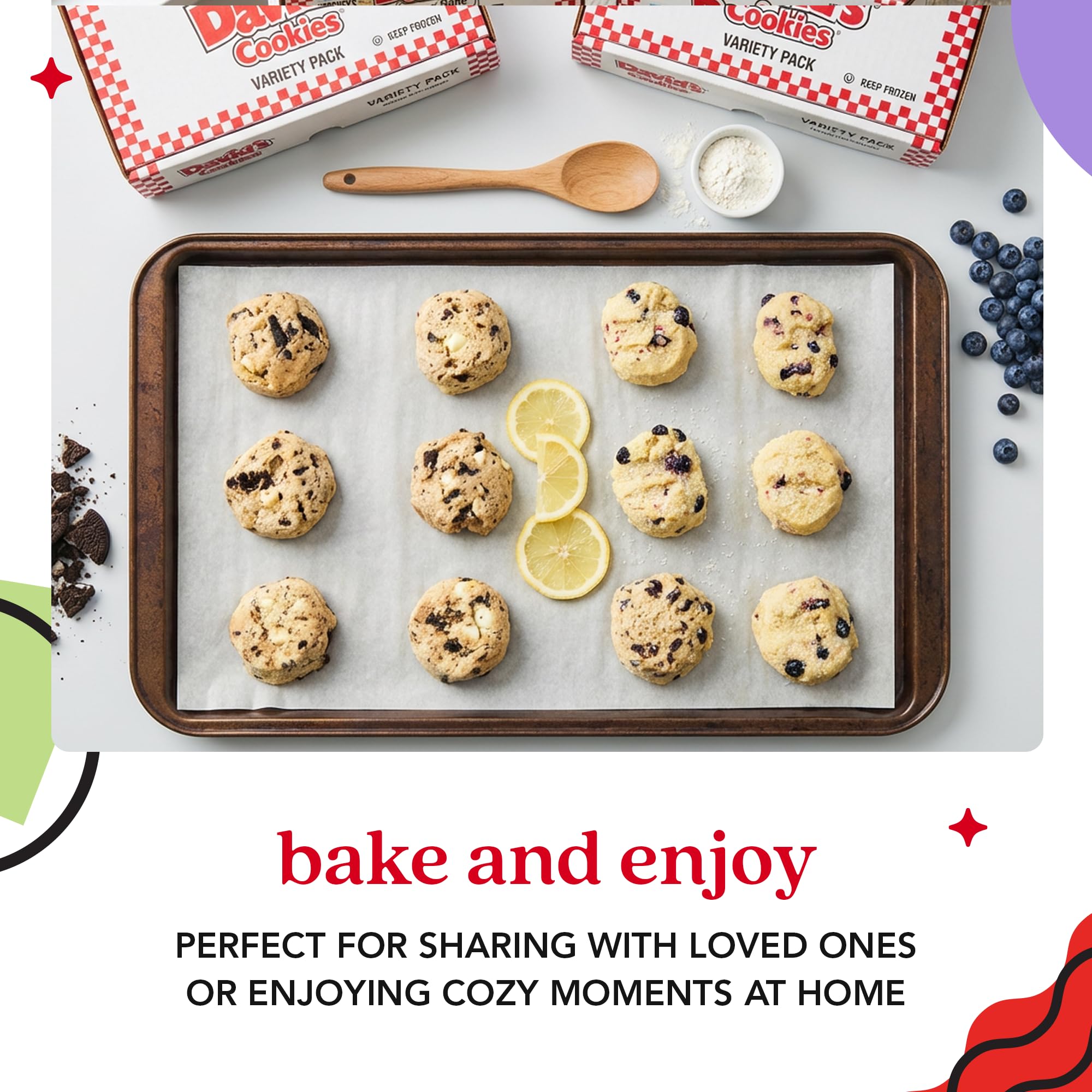 David's Cookies Cookies and Cream and Lemon Blueberry Decadent Cookie Dough Ready to Bake Frozen Variety Pack with Chocolate Cookie Pieces White