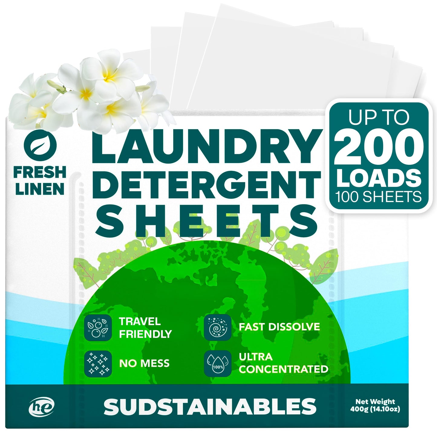 Sudstainables Laundry Detergent Sheets 200 Loads - Dissolvable Laundry Sheet for Washing Machines, Compact Alternative to Liquid & Powder Detergent