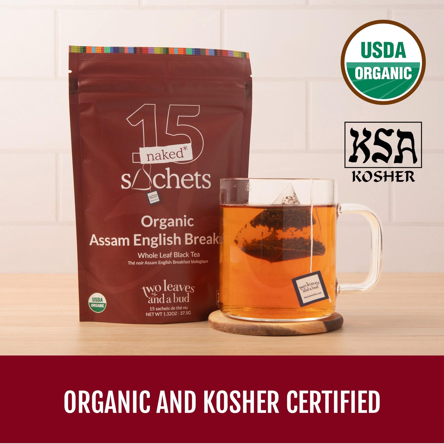 Two Leaves and a Bud Organic Assam English Breakfast, Whole Leaf Black Tea in Unwrapped Pyramid Sachets, Resealable Bag, 15 Sachets (Pack of 1)