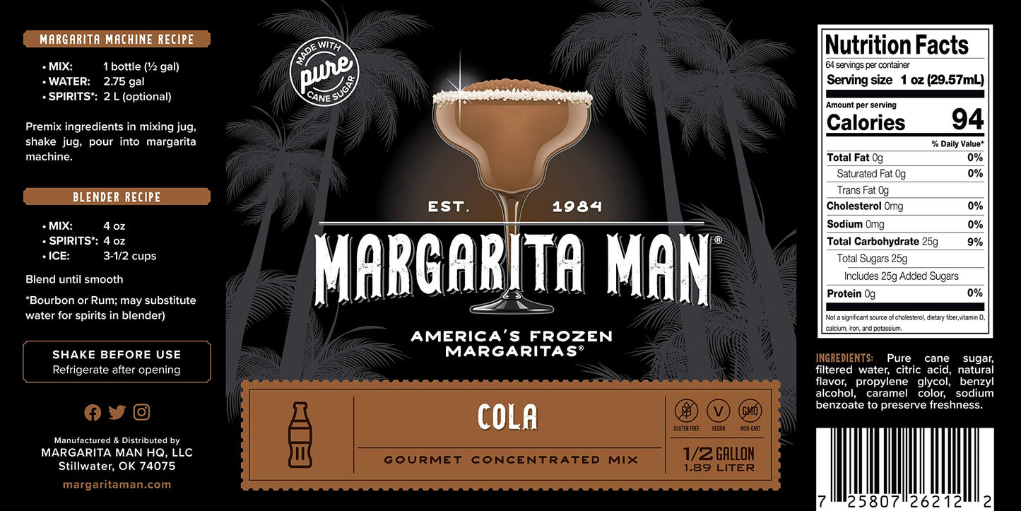 Margarita Man Cola Mix | 64oz bottle, makes 60 drinks | Makes Cola Slushes, Jack 'n Cokes, & Rum 'n Cokes | Bars, Restaurants, At Home | Pure Cane