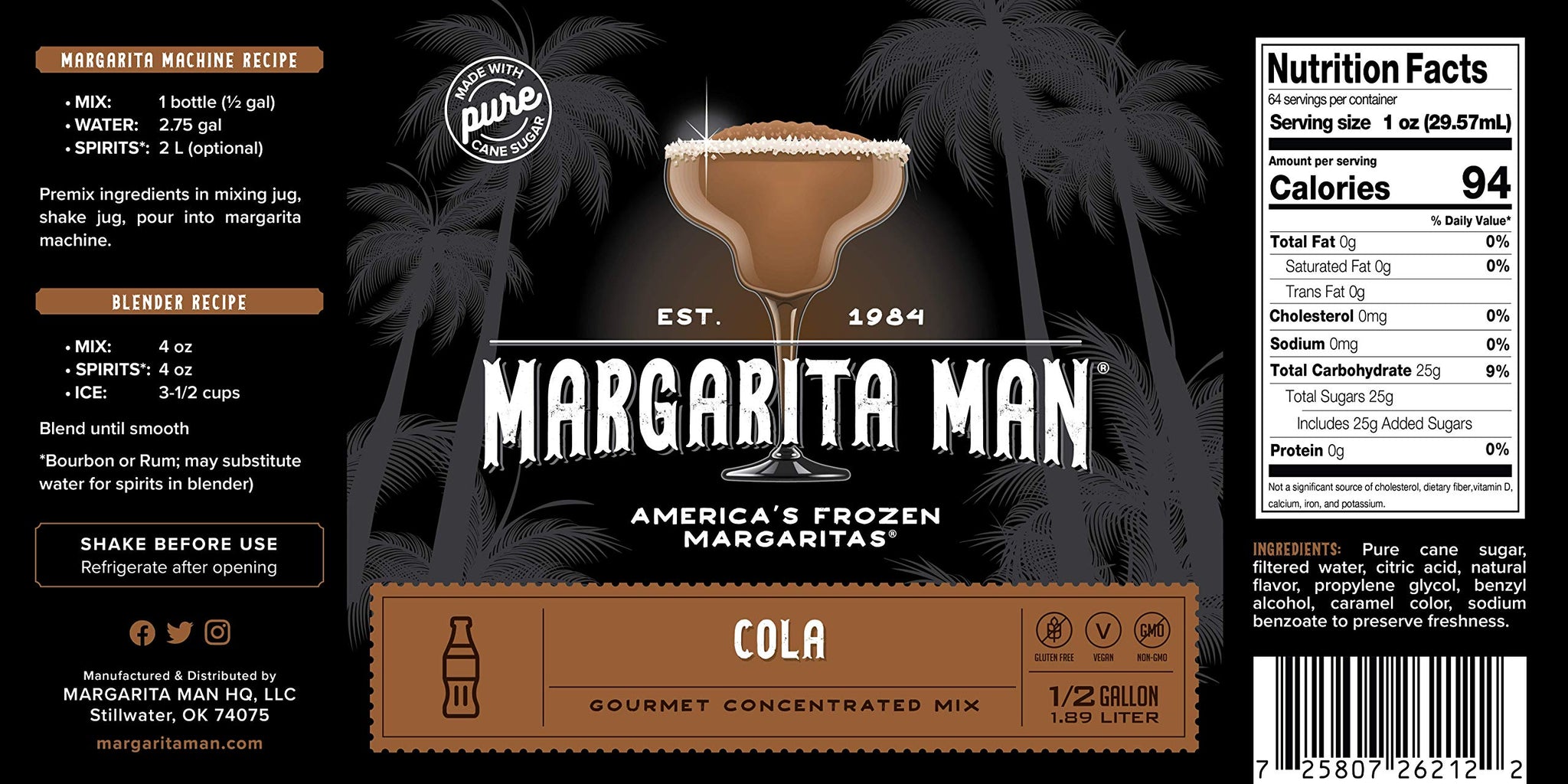 Margarita Man Cola Mix | 64oz bottle, makes 60 drinks | Makes Cola Slushes, Jack 'n Cokes, & Rum 'n Cokes | Bars, Restaurants, At Home | Pure Cane
