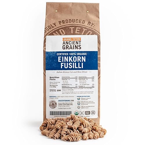 Grand Teton Ancient Grains Organic Einkorn Fusilli Pasta: Spiral Ancient Grain Pasta, Bronze Cut, Stone Milled, Non-GMO, Glyphosate Free, Pasta Salad