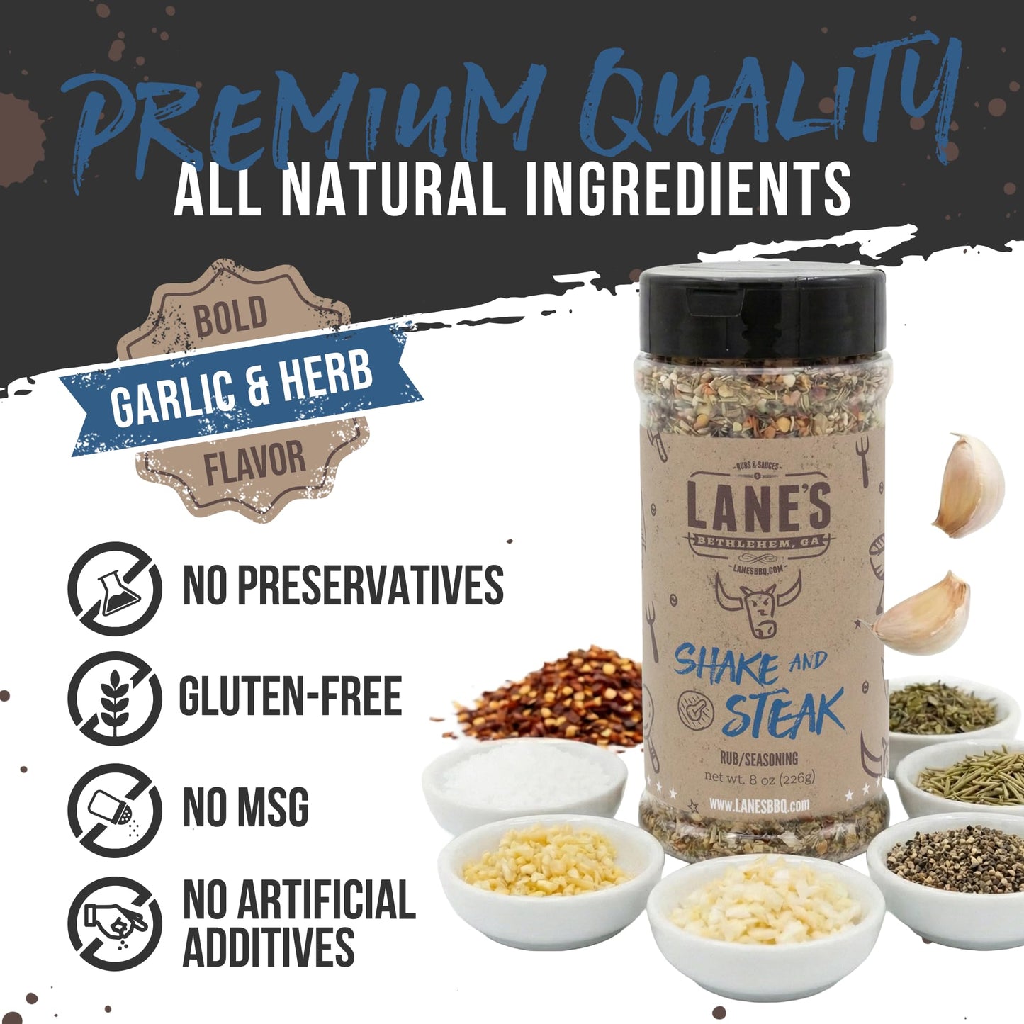Lane's BBQ Shake and Steak Rub, 8 oz, All Natural Steak Seasoning for Grilling, Meat Seasoning for Ribeye, Chicken, Pork, Burgers, Prime Rib Rub