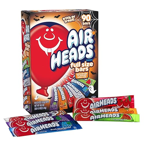 Airheads Candy Bars, Halloween Variety Box, Chewy Full Size Fruit Taffy, Trick or Treat Mega Box, 90 Individually Wrapped Full Size Bars (Packaging