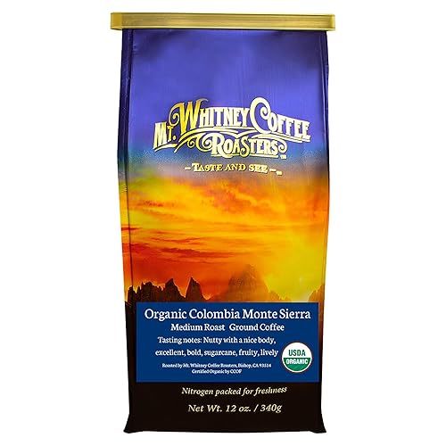 Mt. Whitney Colombia Monte Sierra Organic Single Origin, Medium Dark Roast, Smooth Full Flavored, Low Acid Coffee (Ground, 12 Oz)