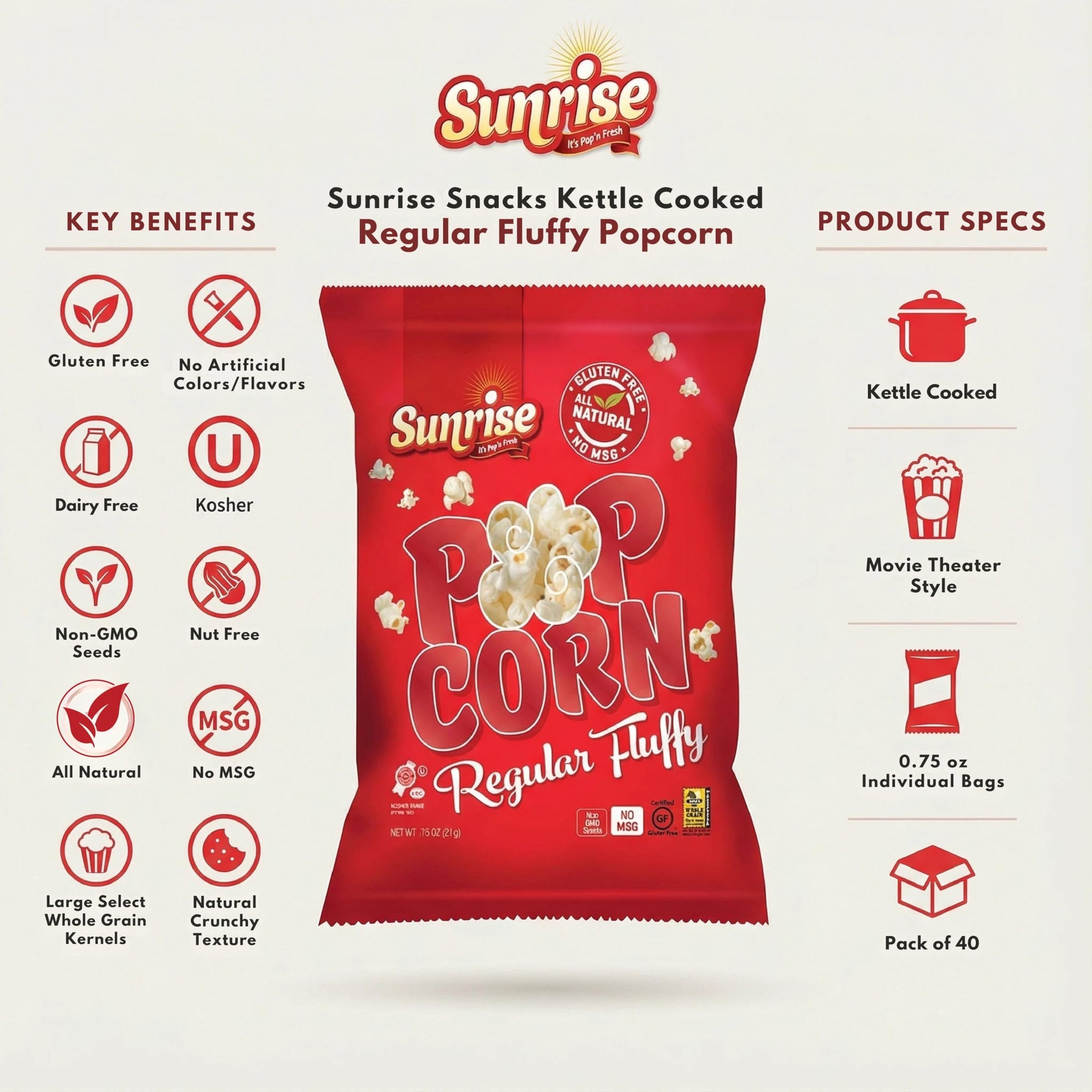 Sunrise Snacks Regular Fluffy Popcorn - Movie Theater Crunch, Gluten Free, Nut Free, Dairy Free, Kosher - Perfect for Home, Office, School, Travel