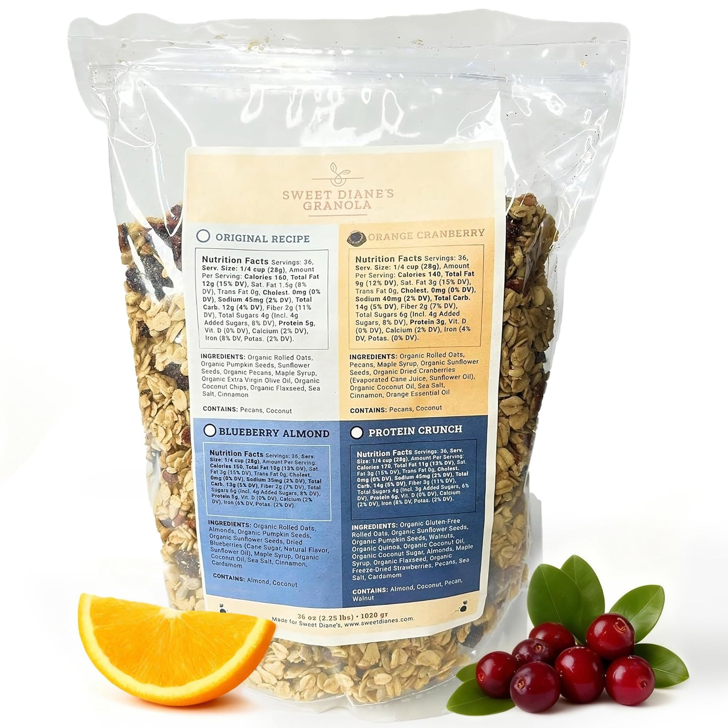 Sweet Diane’s Granola - Family Size (36 oz) Orange Cranberry Organic Granola, Low-Sugar, High-Fiber, Gluten-Free, Vegan, Delicious Breakfast and Snack