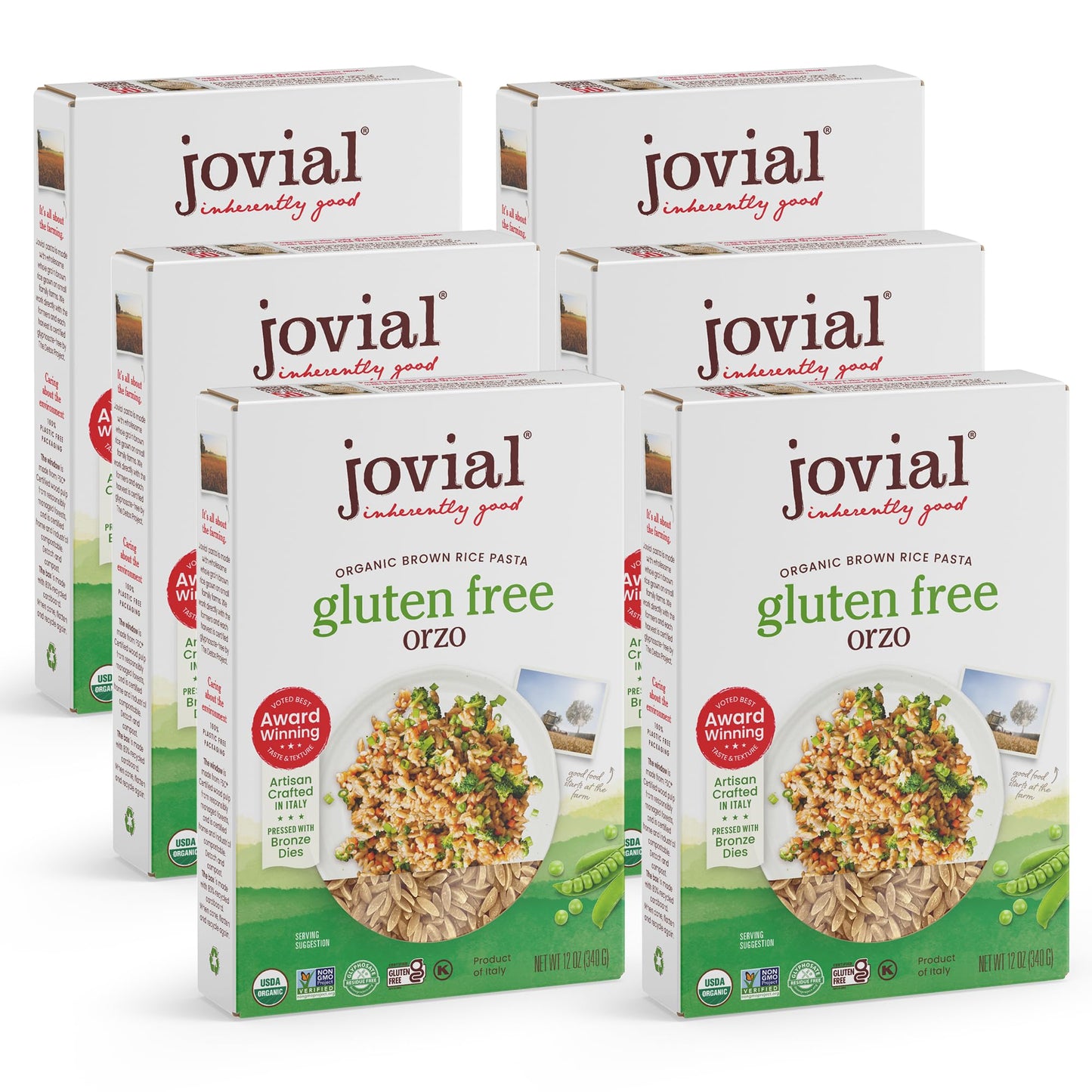 Jovial Organic Brown Rice Orzo Pasta - Gluten Free Whole Grain Orzo, Dairy Free, Made with 2 Ingredients, Non GMO, Artisan Crafted in Italy - 12 Oz (6