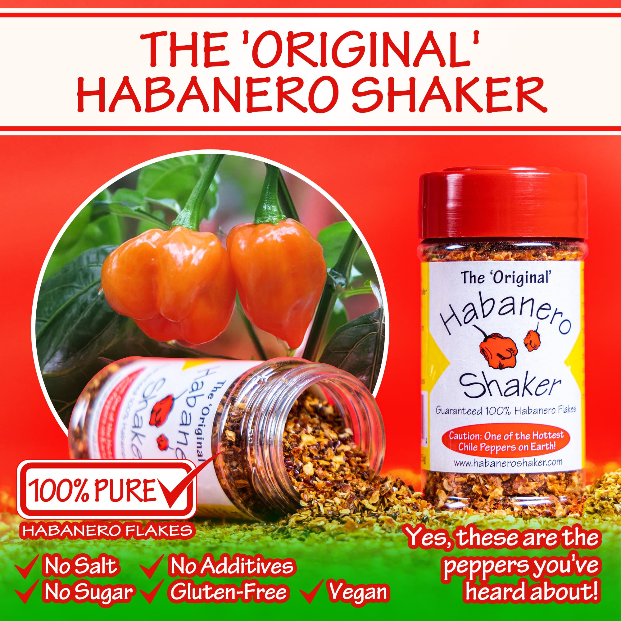 The Original Habanero Shaker - Pure Hot Chile Pepper Flakes, Custom Ground for Balanced Flavor & Heat, No Additives, Gluten-Free, Salt & Sugar-Free