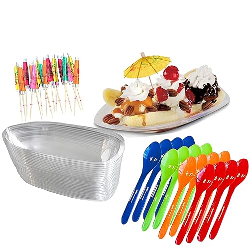 Outside the Box Papers Clear Plastic Banana Split Boats 12 oz.Disposable Dish - Paper Umbrellas - Eco Friendly Plastic Spoons- 16 Each