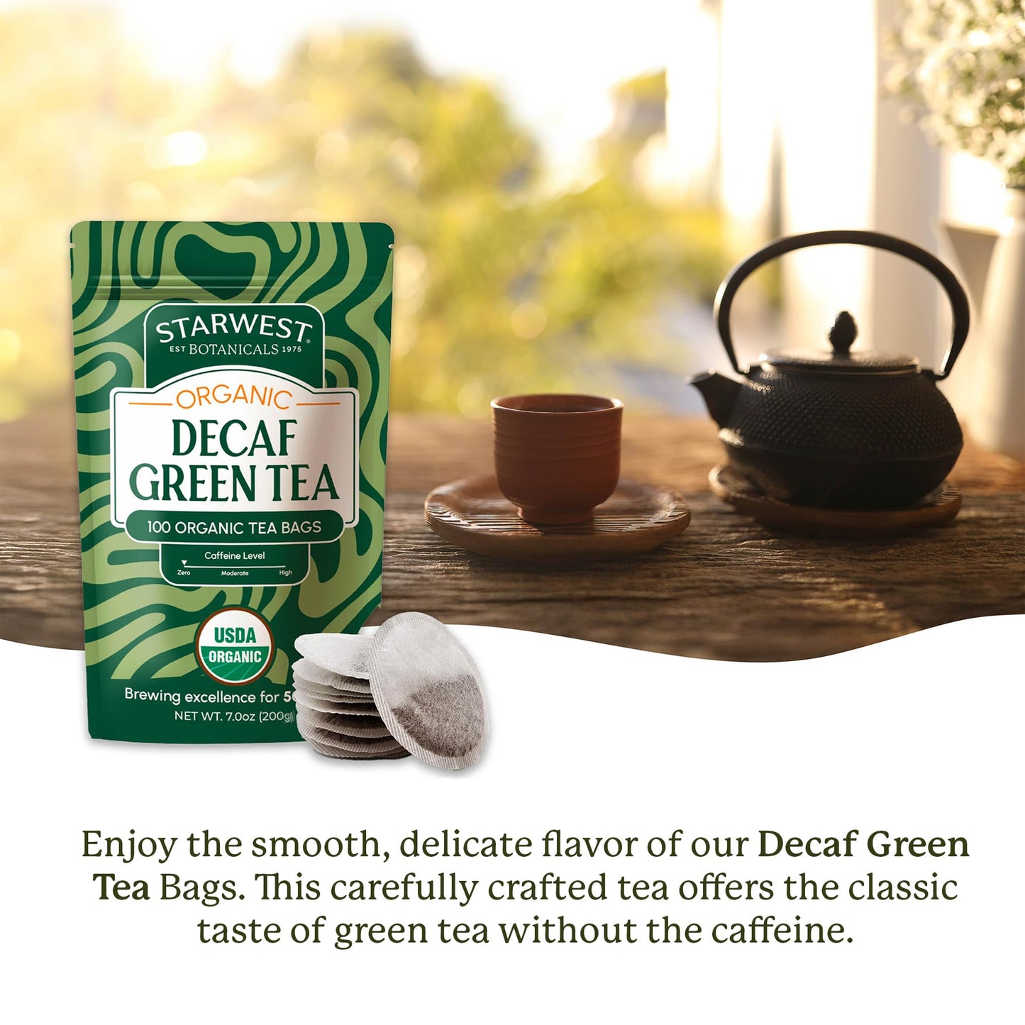 Starwest Botanicals Organic Decaf Green Tea - Decaffeinated Herbal Tea, Caffeine Free, USDA Organic Green Tea Leaf, Non GMO - Bulk Pack, 100 Bags