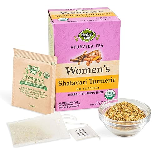 Herbal Cup Ayurveda Women's Tea, Organic Shatavari Turmeric, No Caffeine Herbal Teas (Women's Shatavari Turmeric, 16 Count (Pack of 1)