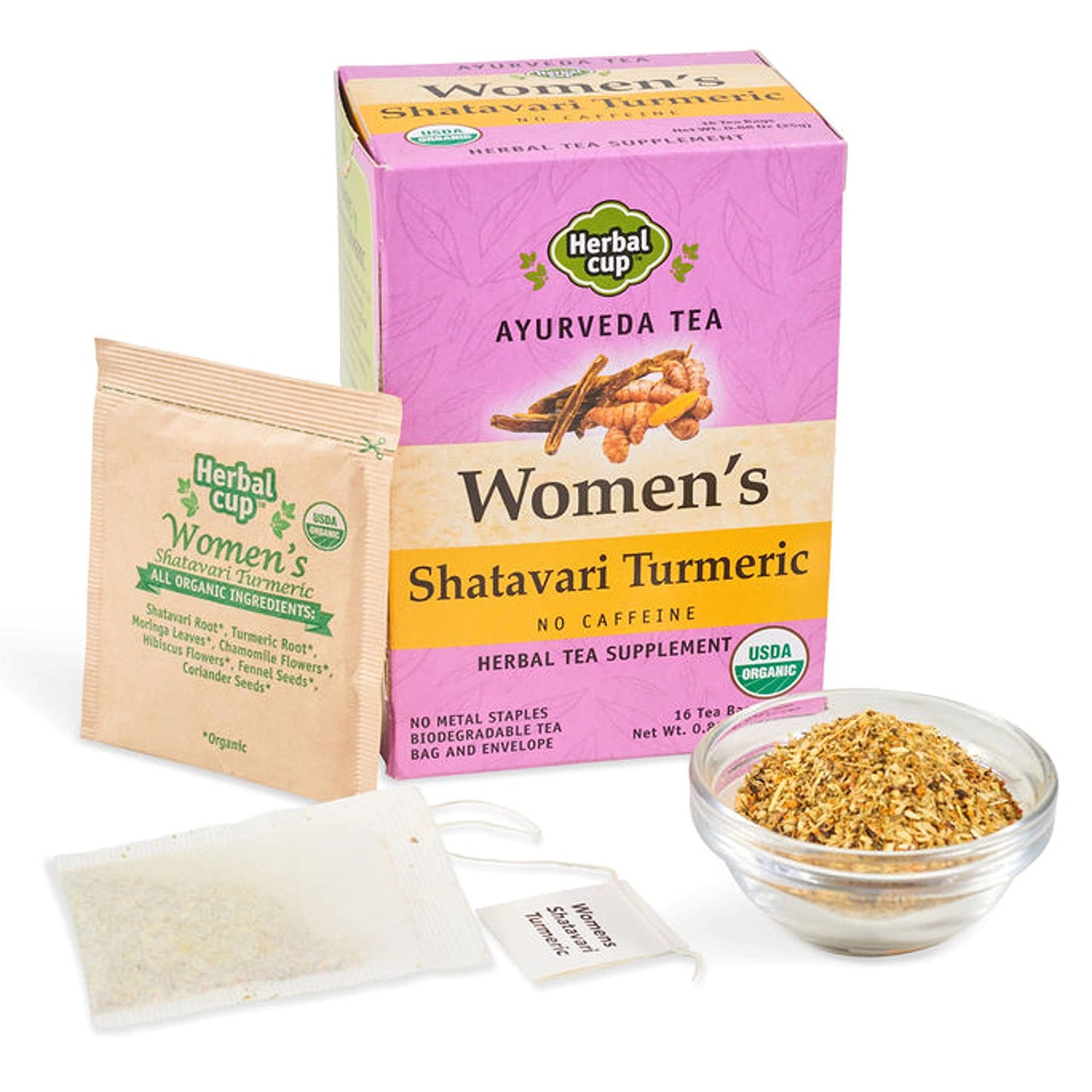 Herbal Cup Ayurveda Women's Tea, Organic Shatavari Turmeric, No Caffeine Herbal Teas (Women's Shatavari Turmeric, 16 Count (Pack of 1)