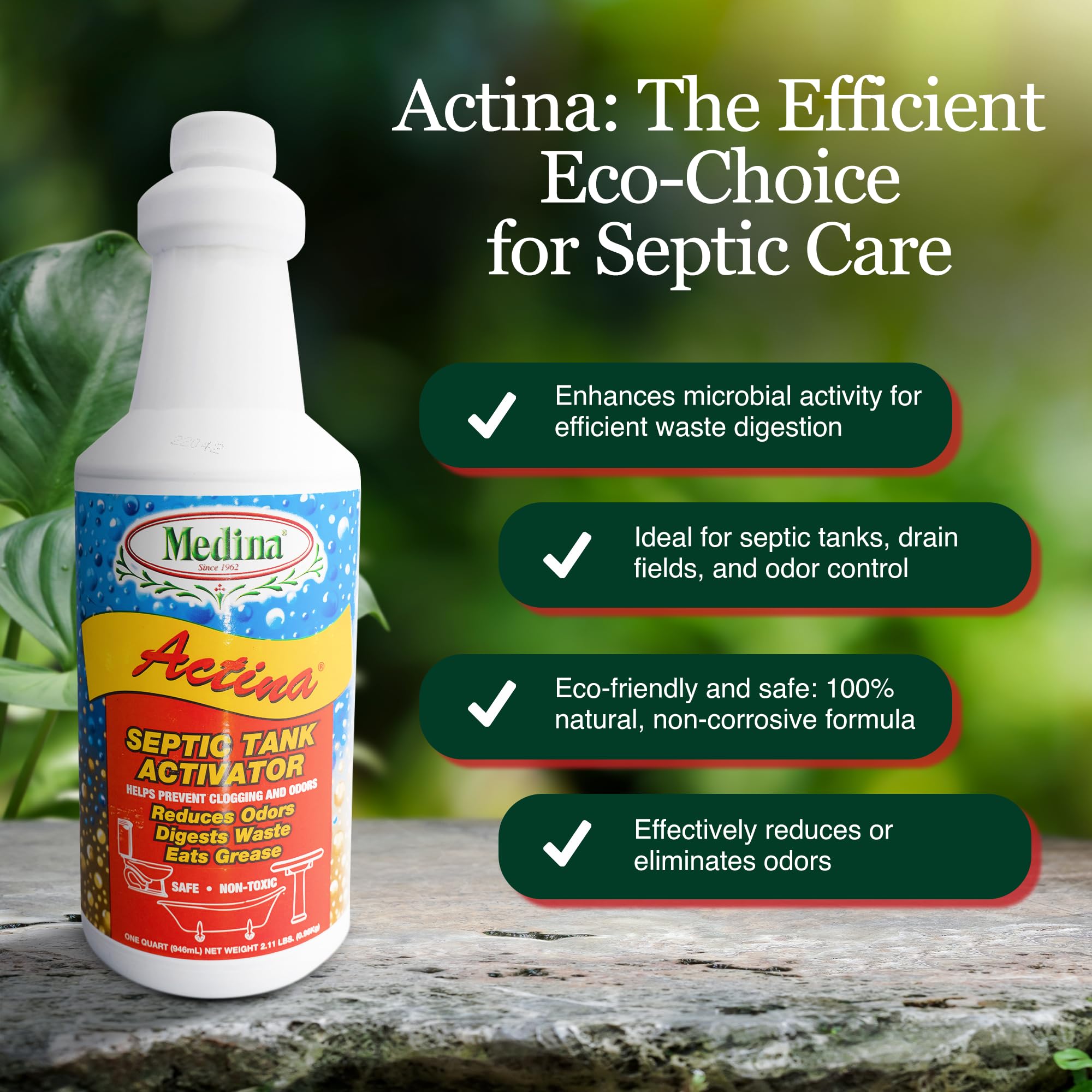 Medina Actina Septic Tank Treatment - Natural Biological Enzyme Liquid for Waste Digestion, Odor Control & Reduced Pump-Out Frequency - Safe for All